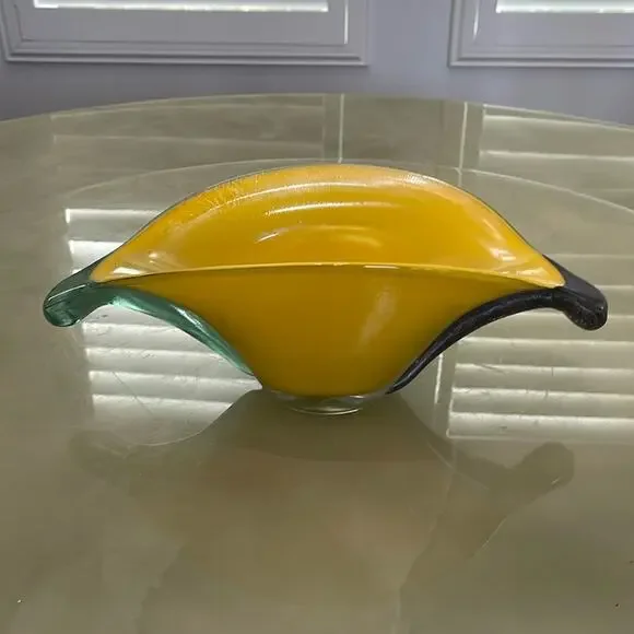 Handmade Blown Glass Vase Candy Bowl Yellow Iridescent